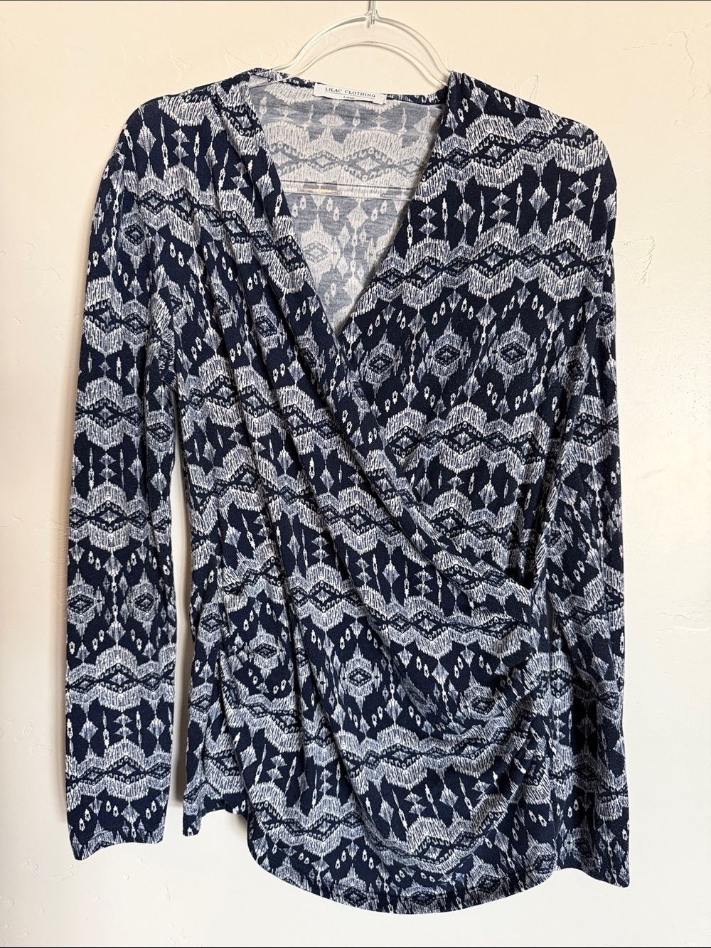 Lilac Clothing Maternity Navy and White Patterned FauxWrap-Style Long Sleeve Top